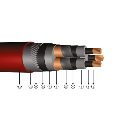 3x25/16, 5.8/10 kV (6/10 kV) veya 6.35/11 kV halojensiz, alev iletmeyen, XLPE izoleli, yuvarlak çelik tel zırhlı, üç damarlı, bakır iletkenli kablolar, YXC8Z1Z2Z1-R, N2XSEHRH, CU/XLPE/CTS/LSZ