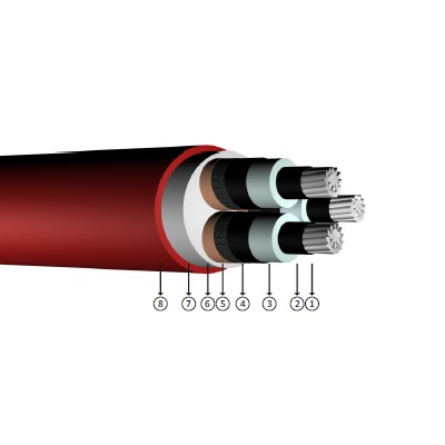 3x25/16, 5.8/10 kV (6/10 kV) veya 6.35/11 kV XLPE izoleli, üç damarlı, alüminyum iletkenli kablolar, YAXC8V-R, NA2XSEY, AL/XLPE/CTS/PVC