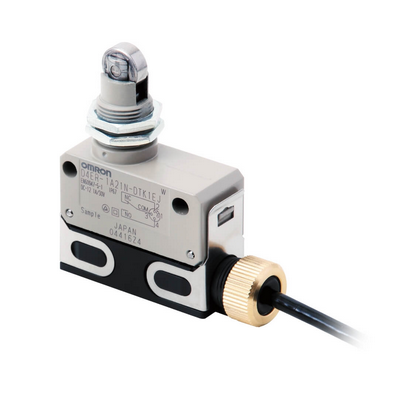 Omron Limit Switch, Slim Sealed, Screw Terminal, Micro Load, Roller Plunger, Right-Hand, 0.3 m Pigtail Pur with Junction Connector M12, Oil-Resistant 454858386868611
