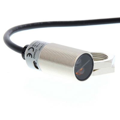 Omron photoelectric sensor, M18 axial, metal body, red LED, background suppression, 100mm, NPN, L-on/d-on, 2M cable 45485834410333333