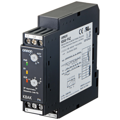 Omron Monitoring Relay 22.5mm width, 3 phase, adjustable voltage asymmetry, phase sequence error and phase loss, 3 phase 3 cables, 3 phase 4 cables, 115 - 240V AC, 1 SPDT 4548583402430