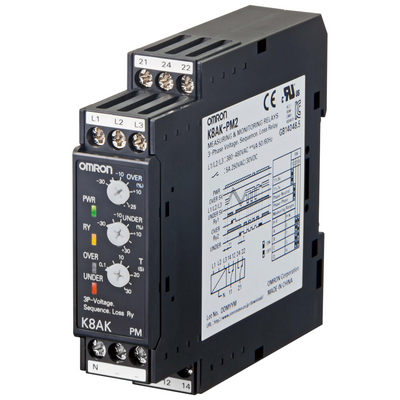 Omron Monitoring Relay 22.5mm width, 3 phase, excessive and low voltage, phase sequence error and phase loss, 3 phase 3 cables, 3 phase 4 cables, 115 - 240V AC, 2 SPDT 4548583402454