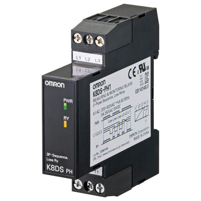 Omron Monitoring Relay 17.5mm width, 3 phase, phase sequence error and phase loss, 3 phase 3 cables, 200-480 VAC, 1 SPDT 4548583402553