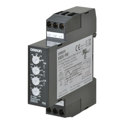 Omron Monitoring Relay 17.5mm width, 3 phase, excessive/low voltage, phase sequence error and phase loss, 3 phase 3 cables, 200 - 240 VAC, 1 SPDT 4548583481558