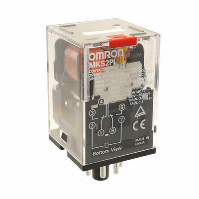 Omron relay, socket, 8 pin, dpdt, 10 a, mechanical indicator, lockable test button, 24 VDC 4547648413978