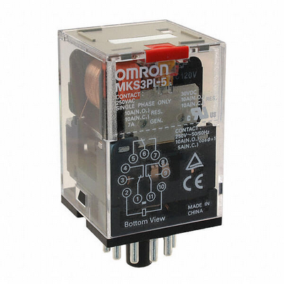Omron relay, socket, 11 pin, 3pdt, 10 a, mechanical indicator, lockable test button, 110 VDC 4547648414685