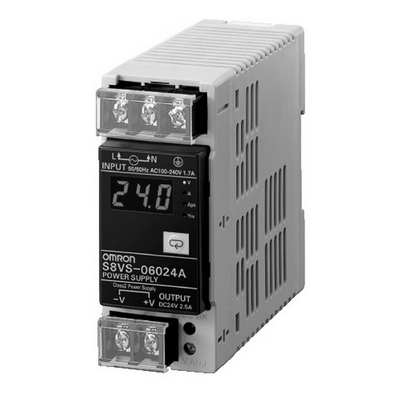 Omron Power Supply, 60 W, 100-240 VAC input, 24 VDC, 2.5 A, DIN RAY assembly, NPN alarm exit, current, voltage, peak current and total working time showing the digital screen 4547648639941