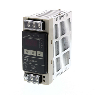 Omron Power Supply, 90 W, 100-240 VAC input, 24 VDC, 3.75 A, DIN RAY Mounting, NPN alarm exit, current, voltage, peak current and total working time showing the digital screen 4547648639958