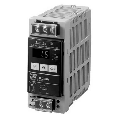 Omron Power Supply, 120 W, 100-240 VAC input, 24 VDC, 5.0 A Output, DIN RAY installation, NPN alarm exit, current, voltage, peak current and maintenance time showing the digital screen 4547648639965