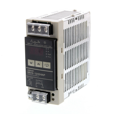Omron Power Supply, 240 W, 100-240 Vac Input, 24 VDC, 5 A Output, DIN Rail Mounting, Digital Display with Running Voltage and Current, Peak Current, and Forecast Monitoring Function