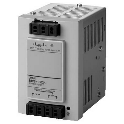Omron Power Supply, 180 W, 100-240 VAC input, 24 VDC, 7.5 A Exit, DIN RAY Mounting, NPN alarm exit, current, voltage, peak current and maintenance time showing the digital screen 4547648640008