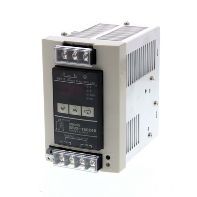 Omron Power Supply, 180 W, 100-240 VAC input, 24 VDC, 7.5 A Exit, DIN RAY Mounting, NPN alarm exit, current, voltage, peak current and total working time showing the digital screen 4547648640015