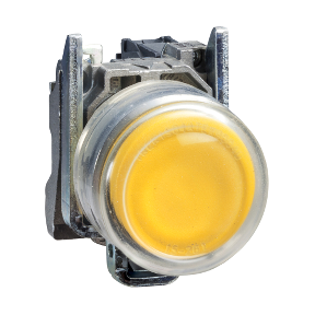 Komple aydınlatmalı basmalı düğme, Harmony XB4, metal, sıva altı, sarı, Ø22 mm, yay dönüşlü, önyüklemeli, 230 V AC, 1 NA, ATEX-3389118030763