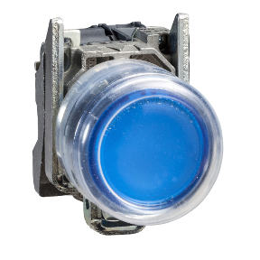 Komple aydınlatmalı basmalı düğme, Harmony XB4, metal, sıva altı, mavi, Ø22 mm, yay dönüşlü, önyüklemeli, 24 V AC/DC, 1 NO, ATEX-3389118030800